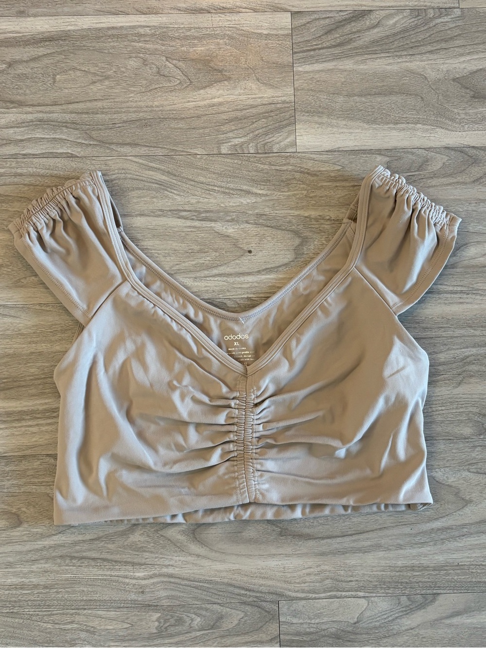 Ododos Yoga Ruched Off-Shoulder Crop Top in Taupe Beige
